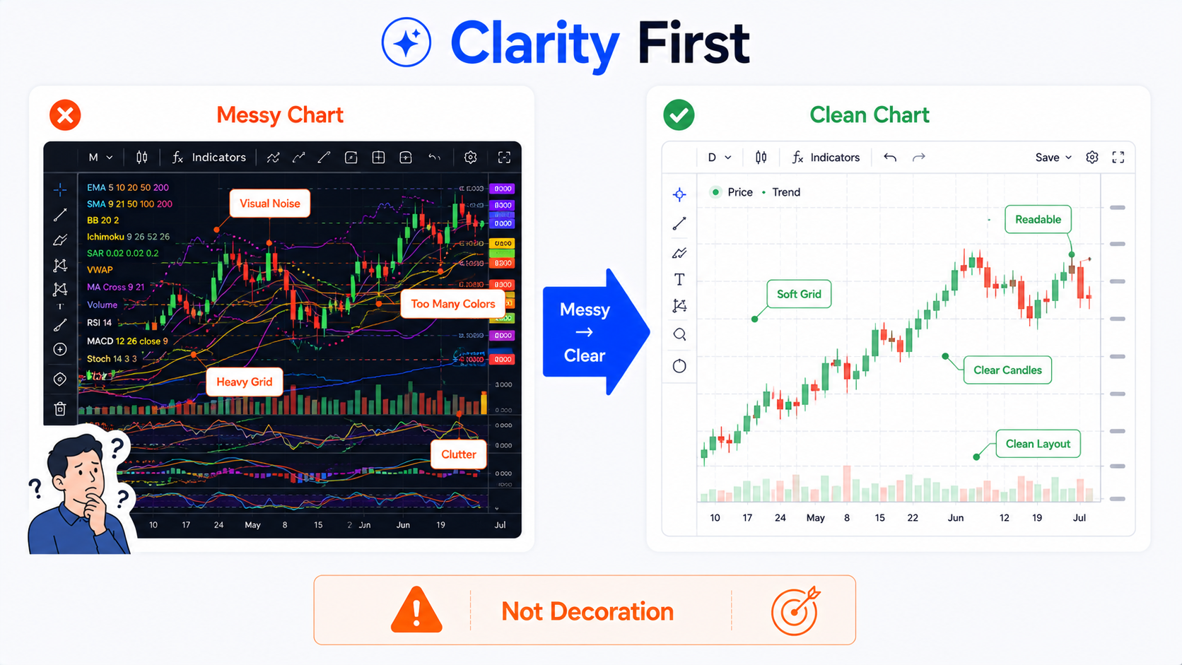 TradingView 차트 설정 비교: 복잡한 어두운 차트와 깔끔한 밝은 차트—화려함보다 선명한 가독성이 중요